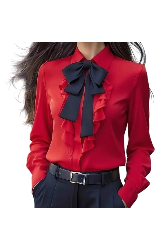 Women's Collared Long Sleeve Ruffle Bow Front Shirt Elegant Basic Layering Office Party Casual Daily Wear Blouse Red L
