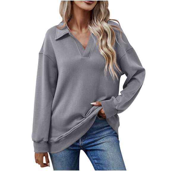 AINIYS Women's Collared Split V-Neck Sweatshirt Stylish Layering Daily Office Wear Blouse Gray L