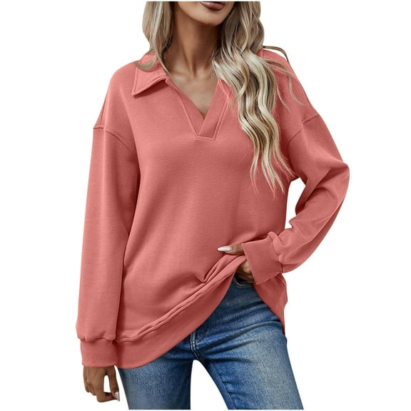 AINIYS Women's Collared Split V-Neck Sweatshirt Stylish Layering Daily Office Wear Blouse Watermelon Red L