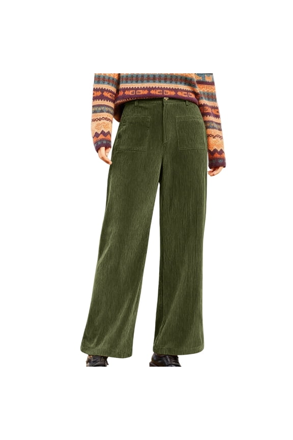 Women's Corduroy Wide-Leg Pants with Patch Pockets Stylish Trousers for Autumn Daily Wear Casual Outings Army Green L