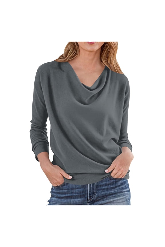 Women's Cowl Neck Long Sleeve Loose Drape Tops Basic Layering Casual Daily Wear Pullover Blouse Dark Gray L