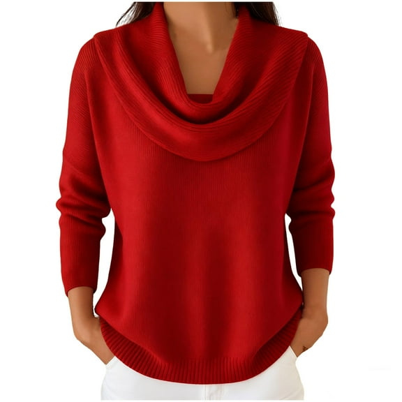 AINIYS Women's Cowl Neck Rib-Knit Sweater Elegant Cozy Layering Daily Office Wear Blouse Red XL