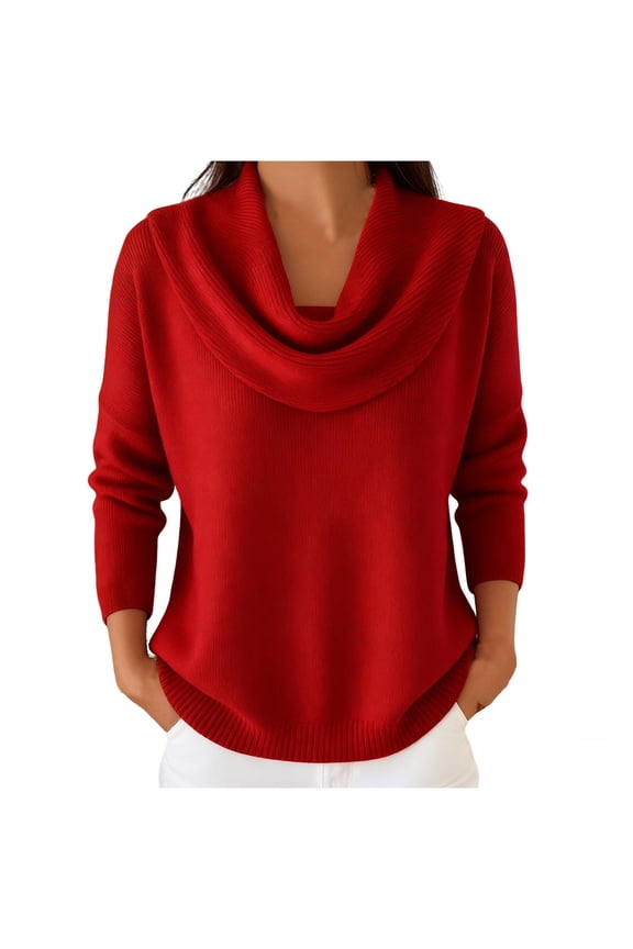 Women's Cowl Neck Rib-Knit Sweater Elegant Cozy Layering Daily Office Wear Blouse Red XL