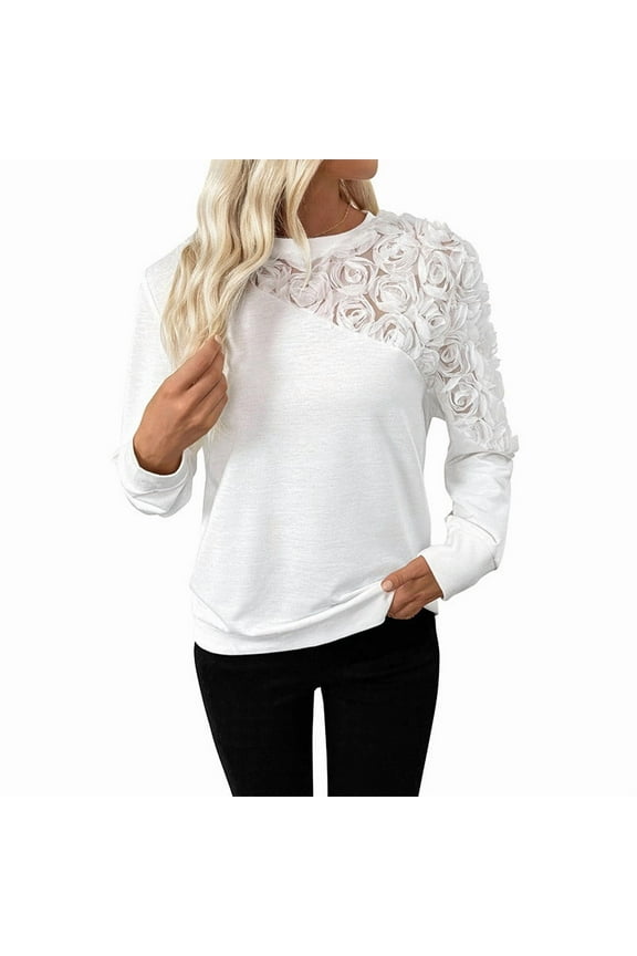 Women's Crew Neck 3D Rose Applique Sheer Panel Tops Romantic Feminine Layering Casual Daily Wear Blouse White S
