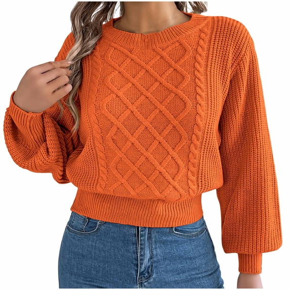 AINIYS Women's Crew Neck Balloon Sleeve Cable Knit Cropped Sweater Stylish Basic Layering Casual Daily Wear Blouse Orange XL