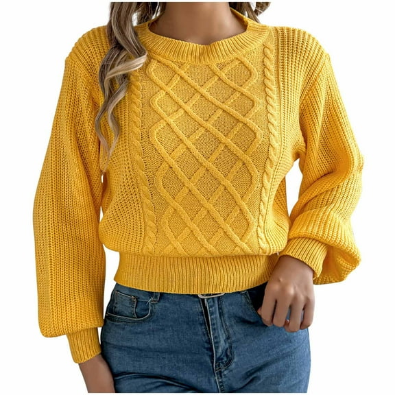 AINIYS Women's Crew Neck Balloon Sleeve Cable Knit Cropped Sweater Stylish Basic Layering Casual Daily Wear Blouse Yellow S
