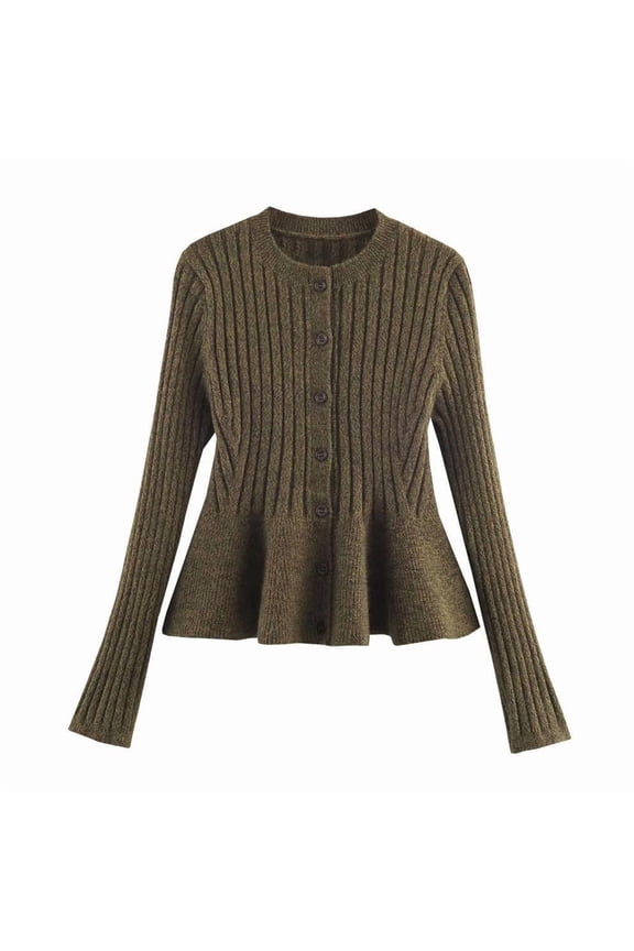 Women's Crew Neck Button-Front Peplum Knit Cardigan Feminine Stylish Layering Daily Office Wear Blouse Army Green L