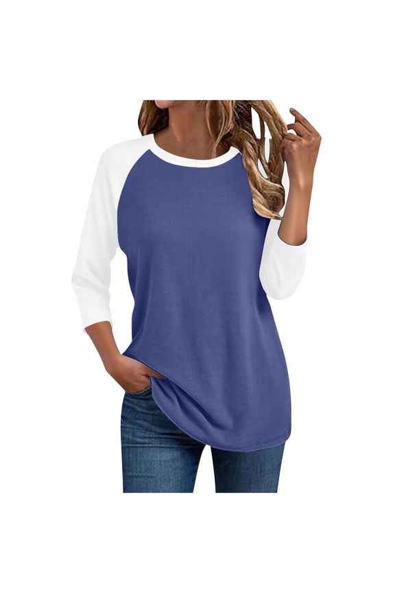 Women's Crew Neck Color-Block Raglan 3/4 Sleeve Tops Casual Comfortable Layering Daily Office Wear Blouse Navy S