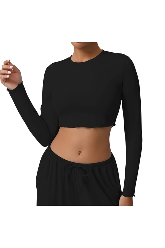 Women's Crew Neck Cropped Long Sleeve Knit Tops Stylish Basic Layering Casual Daily Wear Blouse Black L