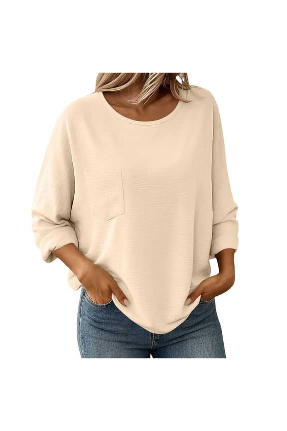 Women's Crew Neck Dolman Sleeve Pocketed Blouse Casual Basic Layering Daily Wear Tops Beige M