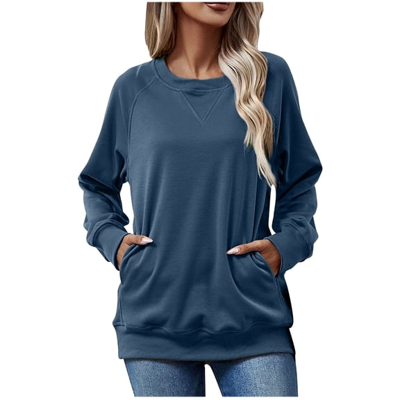 AINIYS Women's Crew Neck Kangaroo Pocket Sweatshirt Casual Cozy Layering Daily Wear Blouse Blue L