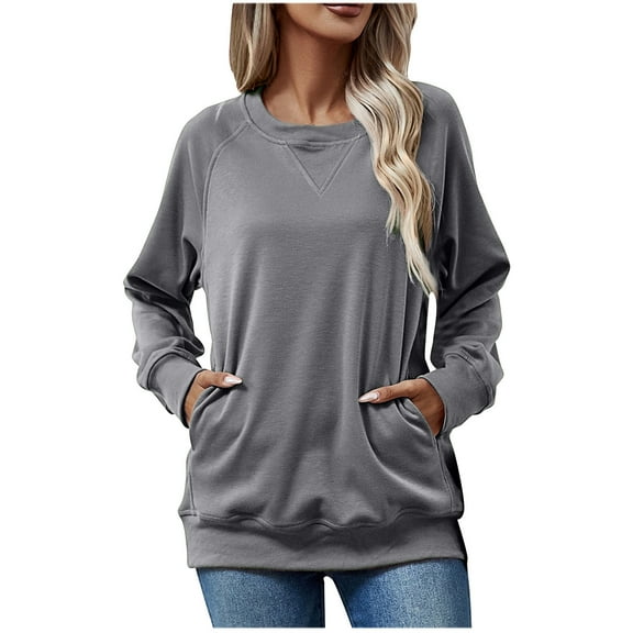 AINIYS Women's Crew Neck Kangaroo Pocket Sweatshirt Casual Cozy Layering Daily Wear Blouse Gray L