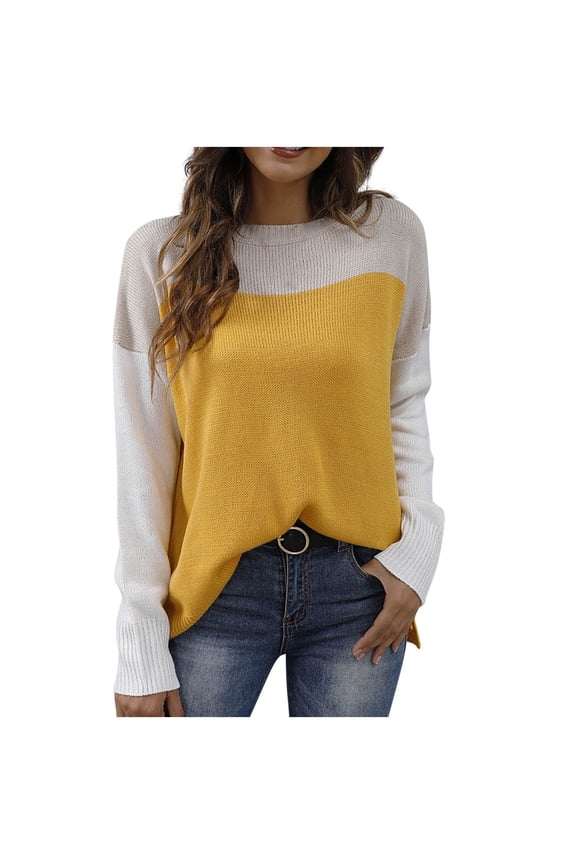 Women's Crew Neck Long Sleeve Color Block Knit Sweater Stylish Basic Layering Casual Daily Wear Blouse Yellow M