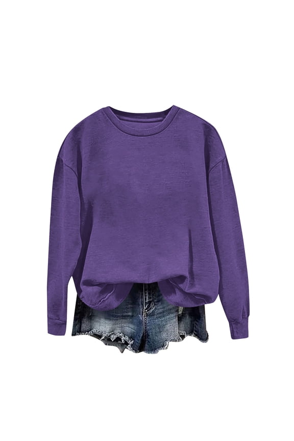 Women's Crew Neck Long Sleeve Drop Shoulder Sweatshirt Comfy Basic Layering Casual Daily Wear Pullover Blouse Purple L