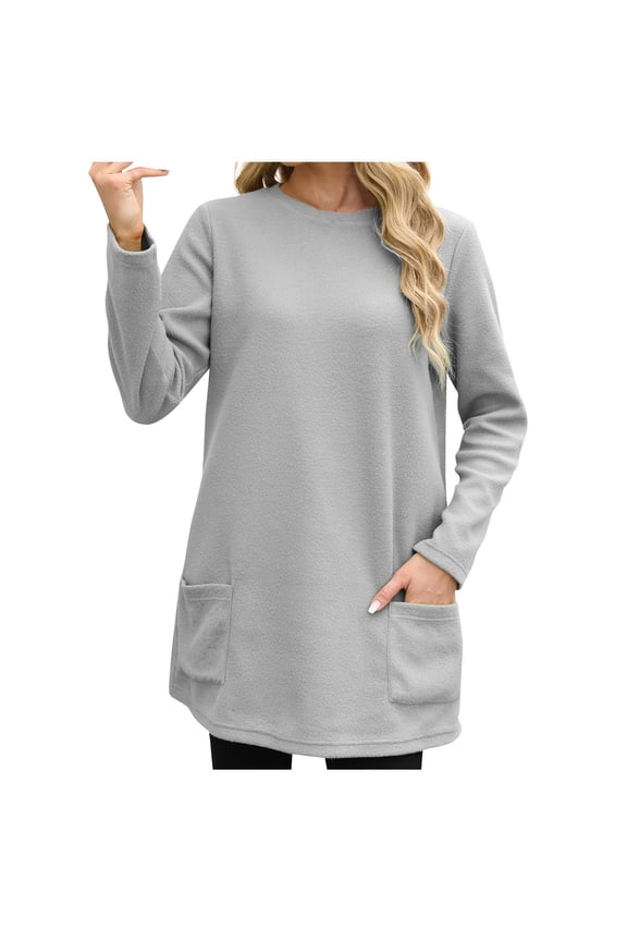 Women's Crew Neck Long Sleeve Pocketed Tunic Tops Cozy Basic Layering Casual Daily Wear Blouse Gray XXL