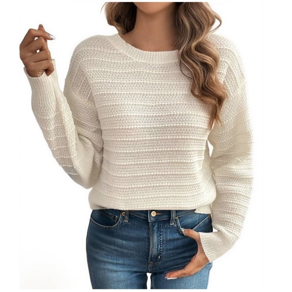 AINIYS Women's Crew Neck Long Sleeve Textured Knit Cropped Sweater Stylish Basic Layering Casual Daily Wear Blouse Beige M