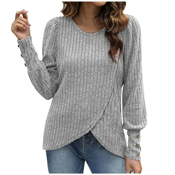 AINIYS Women's Crew Neck Rib-Knit Asymmetric Hem Button-Cuff Sweater Stylish Basic Layering Casual Daily Wear Blouse Gray M