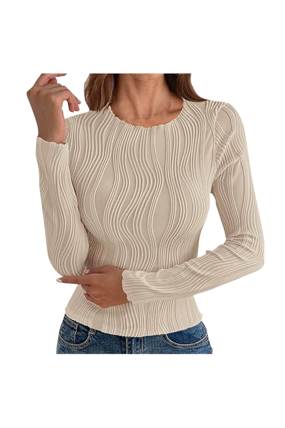 Women's Crew Neck Textured Knit Long-Sleeve Tops Form-Fitting Stylish Layering Daily Office Wear Blouse Beige M