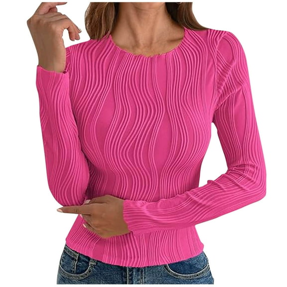 AINIYS Women's Crew Neck Textured Knit Long-Sleeve Tops Form-Fitting Stylish Layering Daily Office Wear Blouse Hot Pink S