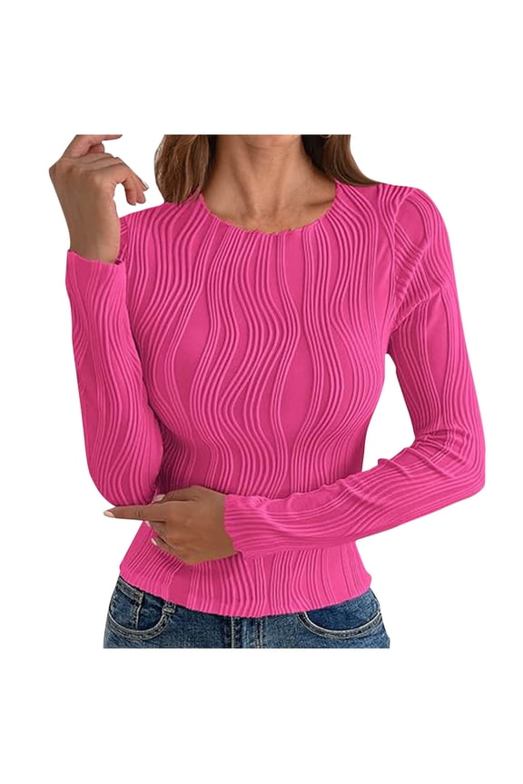 Women's Crew Neck Textured Knit Long-Sleeve Tops Form-Fitting Stylish Layering Daily Office Wear Blouse Hot Pink S