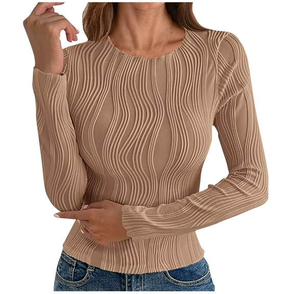 AINIYS Women's Crew Neck Textured Knit Long-Sleeve Tops Form-Fitting Stylish Layering Daily Office Wear Blouse Khaki M