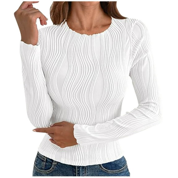 AINIYS Women's Crew Neck Textured Knit Long-Sleeve Tops Form-Fitting Stylish Layering Daily Office Wear Blouse White S