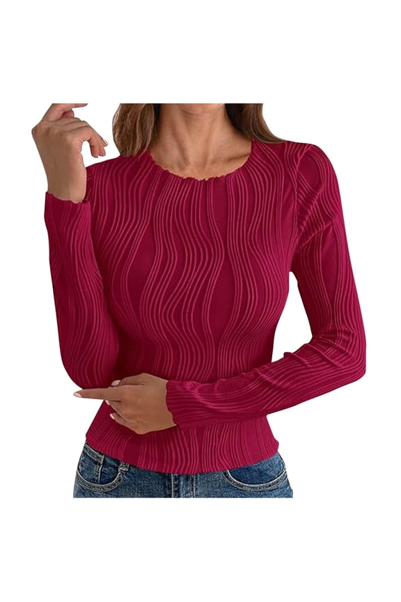 Women's Crew Neck Textured Knit Long-Sleeve Tops Form-Fitting Stylish Layering Daily Office Wear Blouse Wine S
