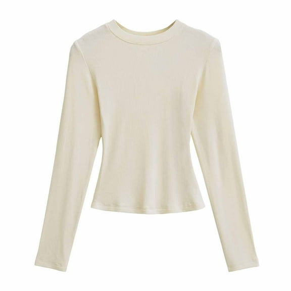 AINIYS Women's Crew Neck Textured Long-Sleeve Crop Tops Stylish Fitted Layering Casual Daily Wear Blouse Beige S
