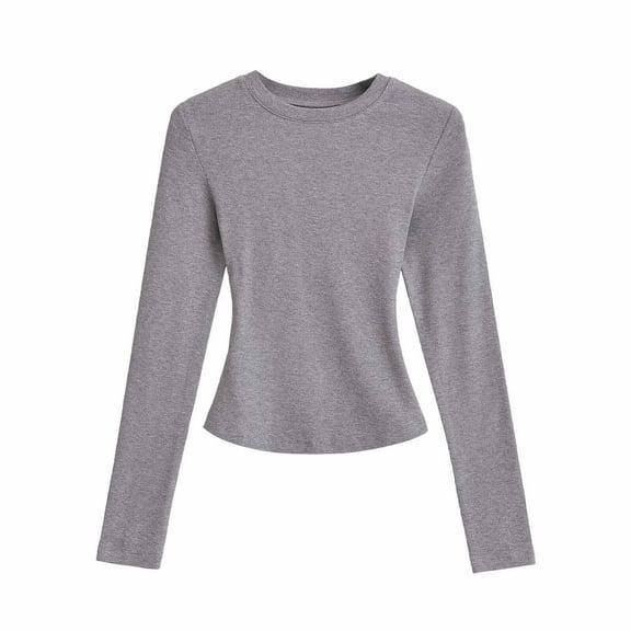AINIYS Women's Crew Neck Textured Long-Sleeve Crop Tops Stylish Fitted Layering Casual Daily Wear Blouse Clear S