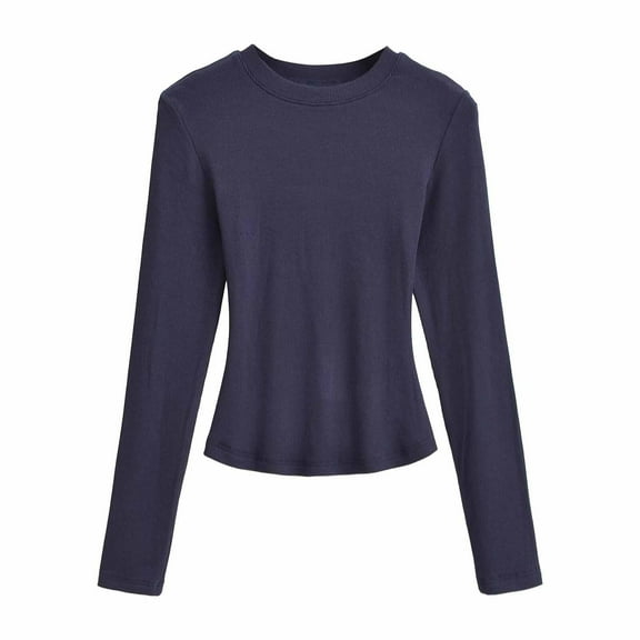 AINIYS Women's Crew Neck Textured Long-Sleeve Crop Tops Stylish Fitted Layering Casual Daily Wear Blouse Navy S