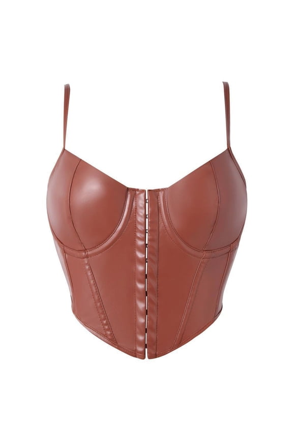 Women's Faux Leather Spaghetti Strap Corset Bustier Hook-and-Eye Shapewear Waist Cincher for Party Club Evening Date Occasions Coffee S