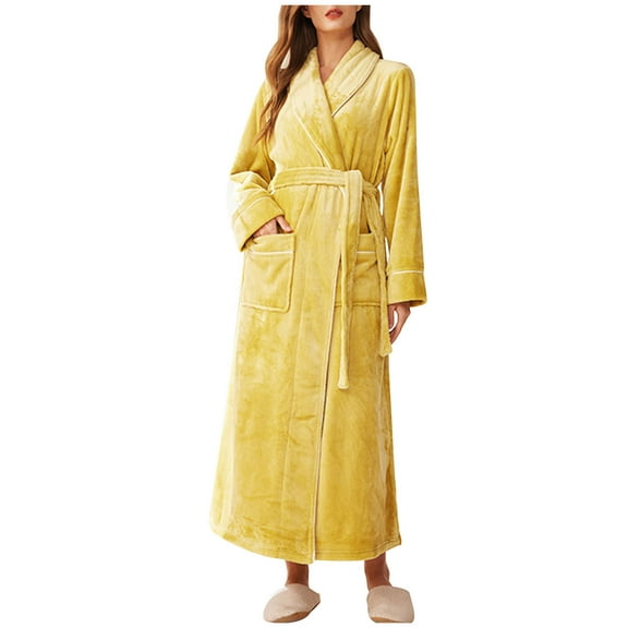 AINIYS Women's Flannel Bath Robe Long Spa Bathrobe Lightweight Fleece Plush Winter Warm Full Length Pockets Belted Yellow M