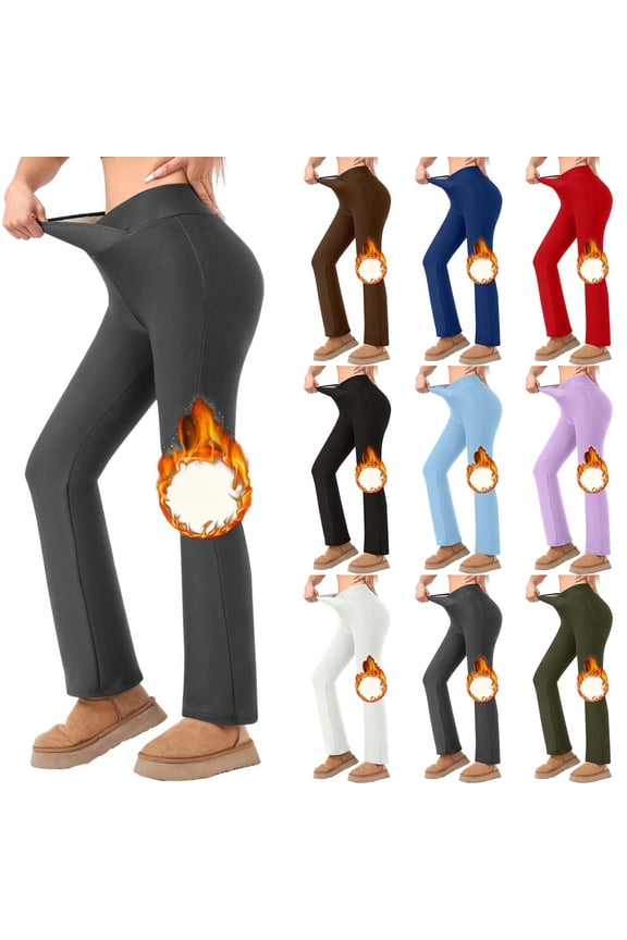 Women's Fleece Lined Flared Leggings High Waisted Elastic Waist Warm Pants for Winter Daily Office Army Green L