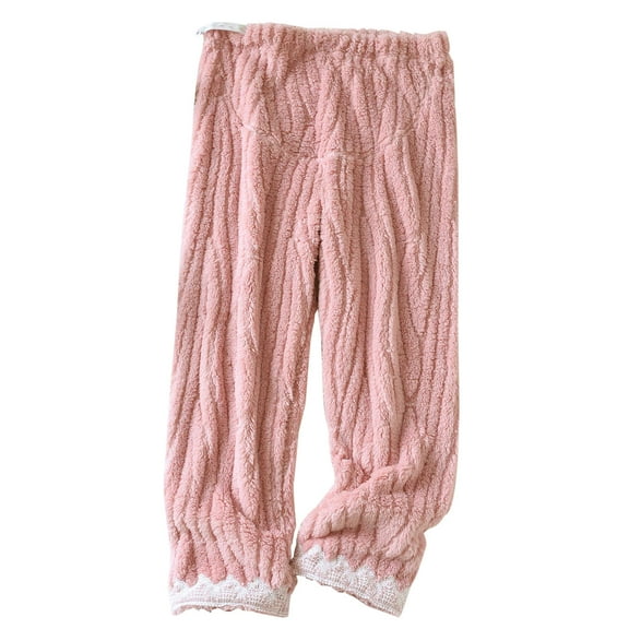 AINIYS Women's Fleece Loungewear Pants Textured Lace Trim Trousers for Home Casual Daily Wear Pink L