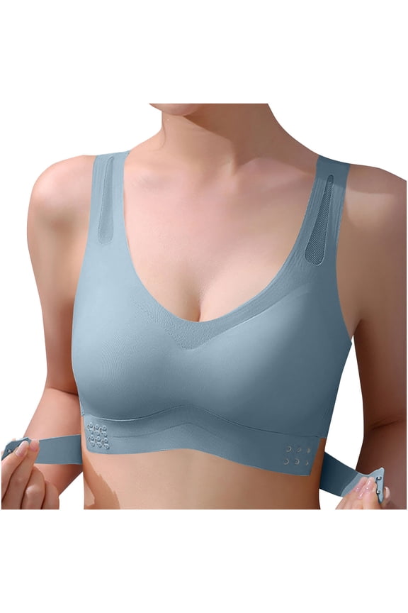 Women's Front Closure Seamless Plus Size Easy Off Bra with Wide Straps Sports Yoga Bra Anti-Sagging Bra Wireless Lift and Support Push-Up Bra Breathable Everyday Bras Cleavage Bra Light Blue L