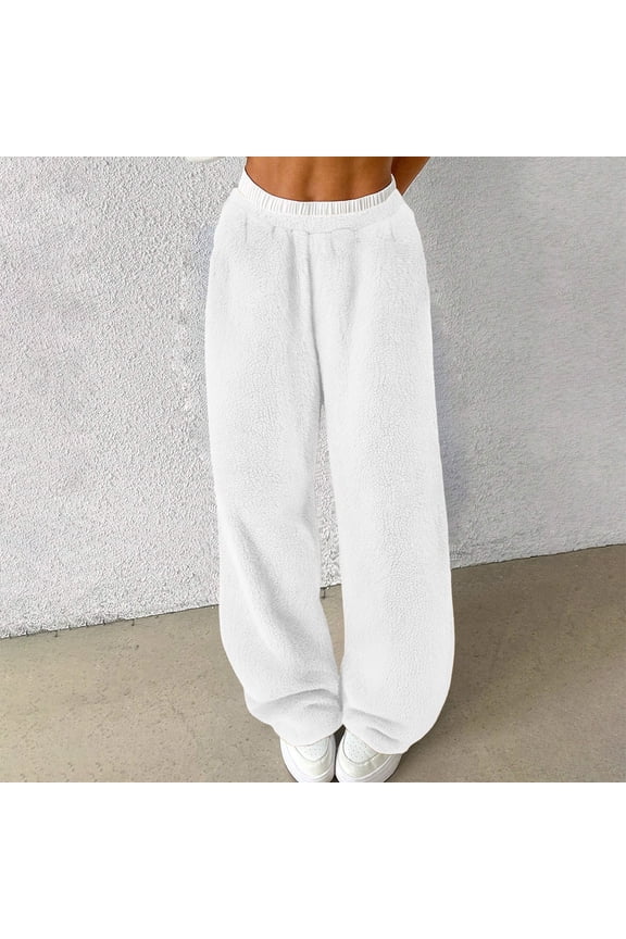 Women's Fuzzy Plush Casual Pants Solid Drawstring Elastic Waist Warm Wide Leg Teddy Bottoms Pants WH L