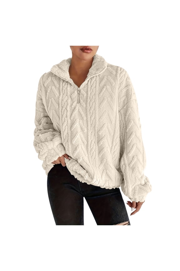 Women's Half-Zip Mock Neck Cable Knit Fuzzy Sweater Cozy Basic Layering Cold-Weather Daily Wear Blouse Beige L