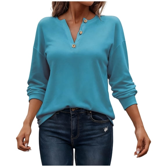 AINIYS Women's Henley Neck Long Sleeve Button-Front Tops Casual Basic Layering Daily Wear Blouse Sky Blue XL