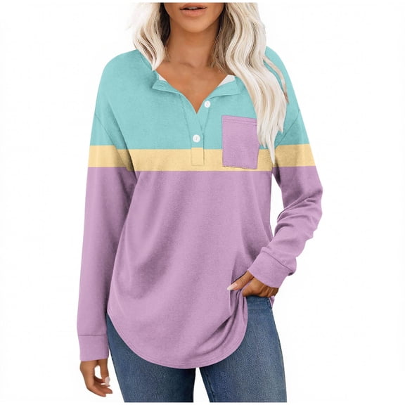 AINIYS Women's Henley Neck Long Sleeve Color Block Pocketed Tops Basic Layering Casual Daily Wear Pullover Blouse Mint Green S