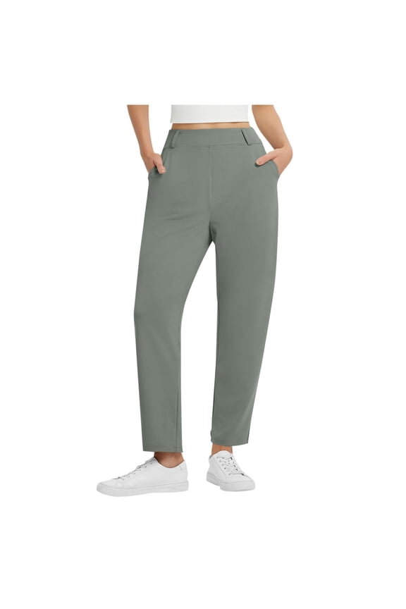 Women's High-Waisted Ankle-Length Pants with Pockets able Straight-Leg Trousers for Office Daily Wear Leisure Errands Gray L