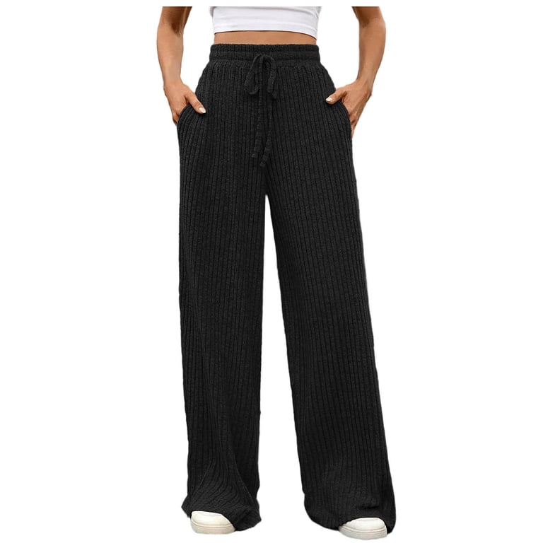 AINIYS Women's Knitted Wide Leg Pants Drawstring Elastic Waist