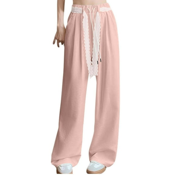 AINIYS Women's Lace Drawstring High Waisted Sweatpants Wide Leg Casual Trendy Workout Trousers Pants Pink L