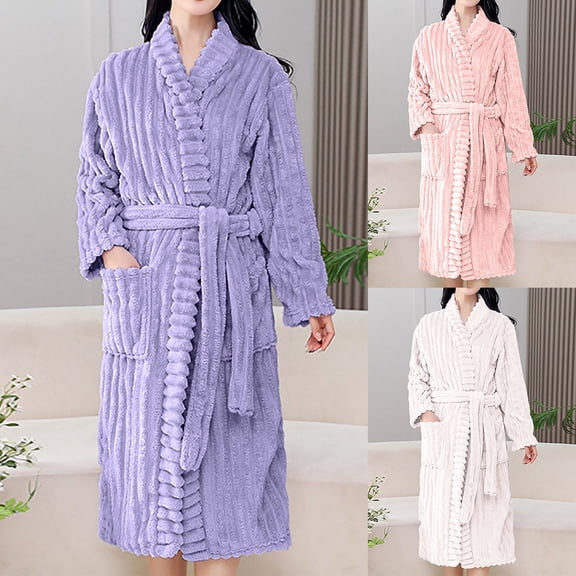 AINIYS Women's Long Sleeve Fashion Robe, Warm Bathrobe with Pockets, Casual Pajamas for Home Wear, XL, XXL Available Purple M