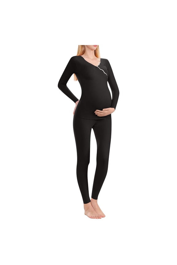 Women's Maternity Outfits V Neck Long Sleeve Bra integration T Shirt Stretchy Pregnancy Shapewear Romper Outfits Black M