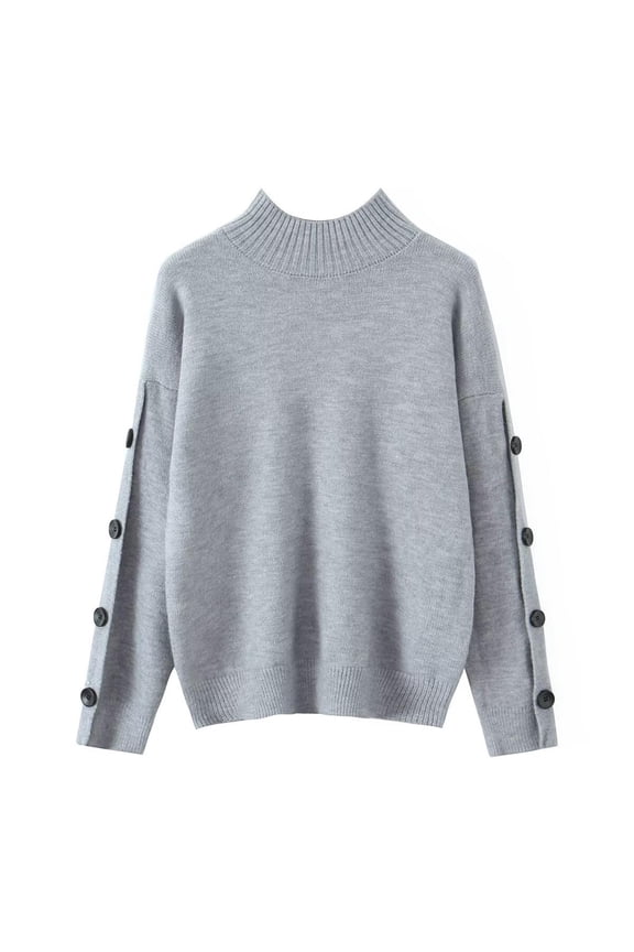 Women's Mock Neck Button-Accent Sleeve Knit Sweater Stylish Basic Layering Cold-Weather Daily Wear Blouse Gray M