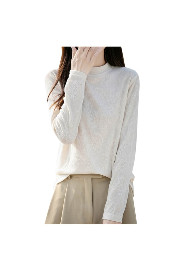 Women's Mock Neck Textured Long-Sleeve Tops Casual Comfortable Layering Daily Wear Blouse Beige L
