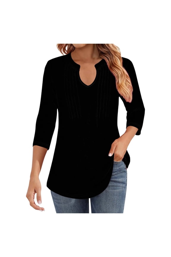 Women's Notch V-Neck 3/4 Sleeve Pleated Tunic Tops Basic Layering Casual Daily Wear Blouse Black XXL