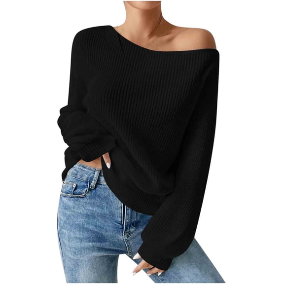 AINIYS Women's Off-Shoulder Rib-Knit Sweater Stylish Layering Daily Evening Party Wear Blouse Black L