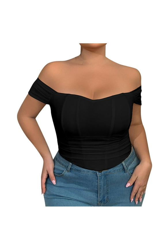 Women's Off-Shoulder Short Sleeve Corset Boned Shapewear for Party Club Evening Casual Occasions Black XXL