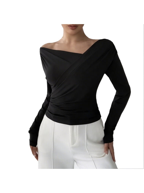 Women's Off Shoulder Wrap Long Sleeve Top Ruched Fashionable Party & Evening Wear Slimming Blouse for Dating Cocktail Events Black XXL